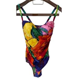 Vtg Gottex Abstract Floral Watercolor One Piece Swimsuit 90s 80s Retro Beach 12